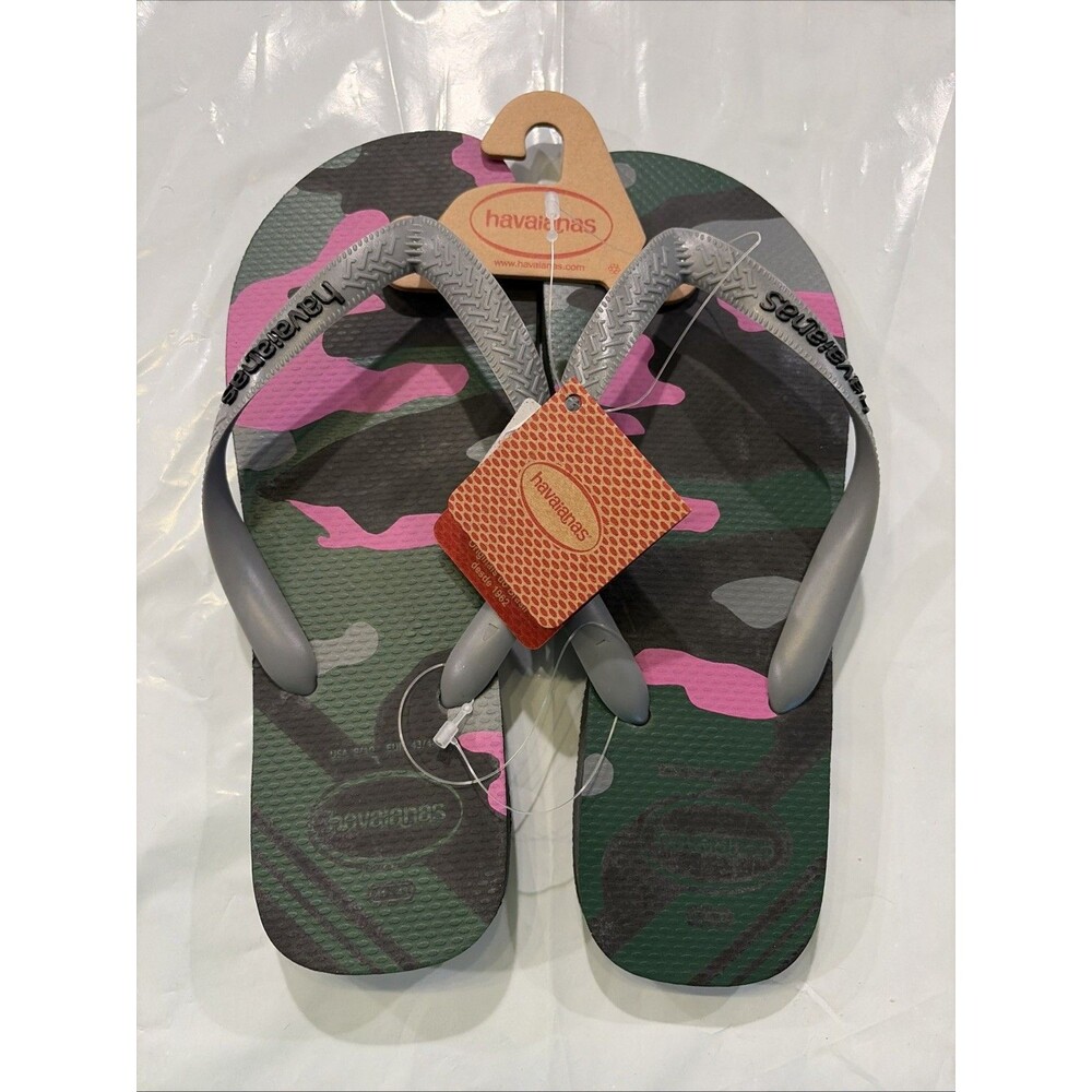 Havaianas Womens Camouflage Flip Flop Sandals Logos Straps Green Gray Pink 9/10